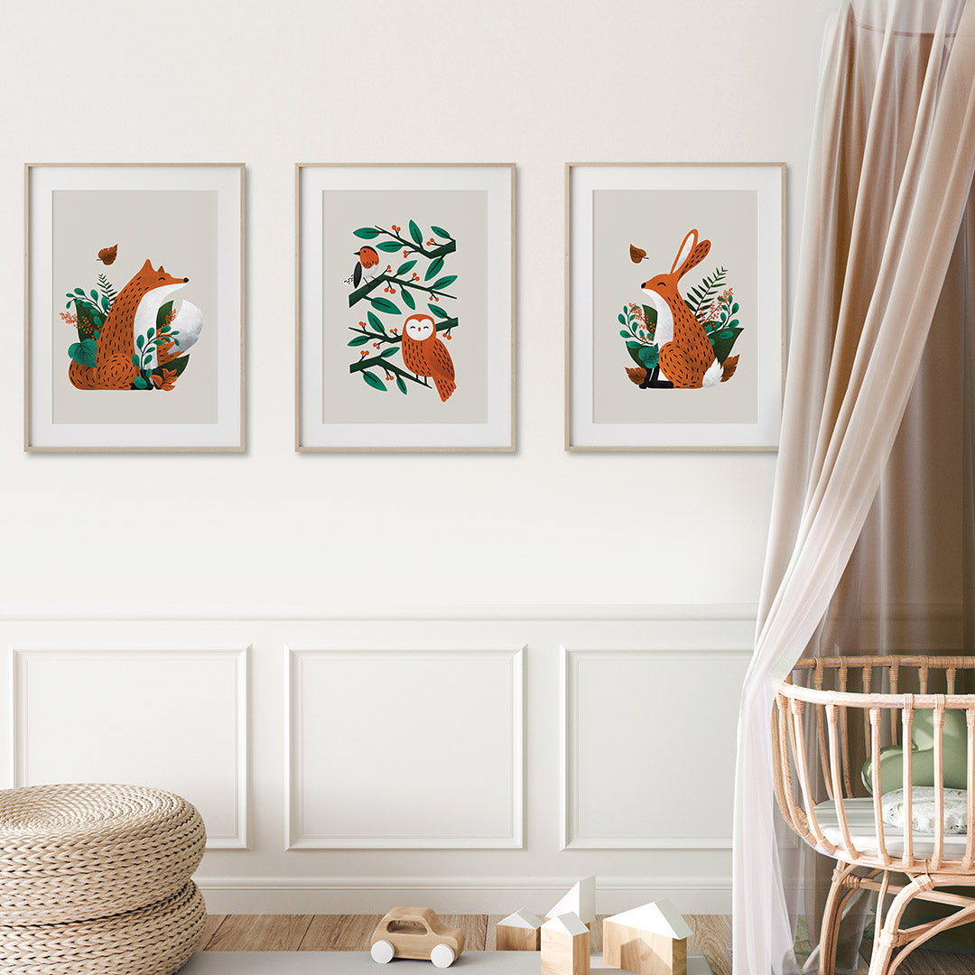 Tigercub Prints Woodland Friends - Fox, Owl And Hare Neutral – Scandiborn