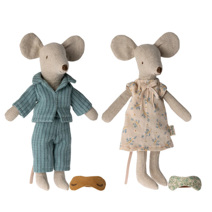 Two adorable maileg toy mice, clad in pajamas & are displayed together, exuding a charming and whimsical vibe