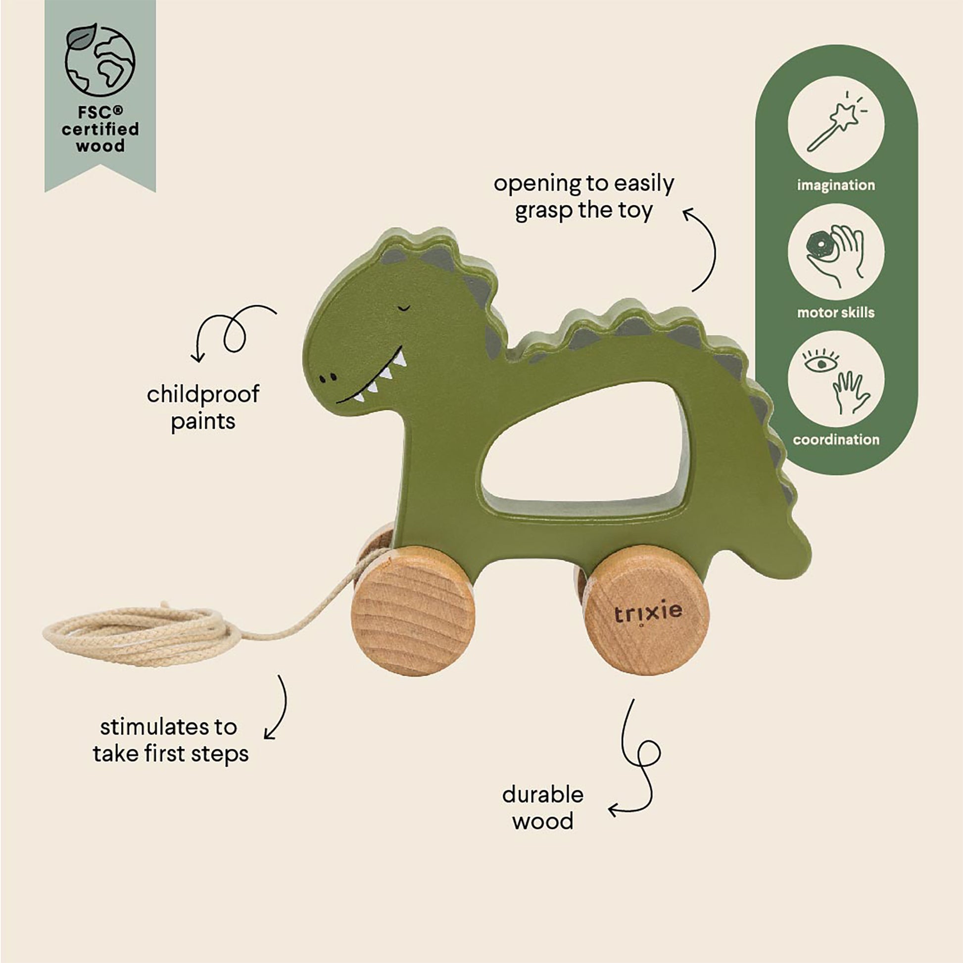 Trixie Wooden pull along toy - Mr. Dino