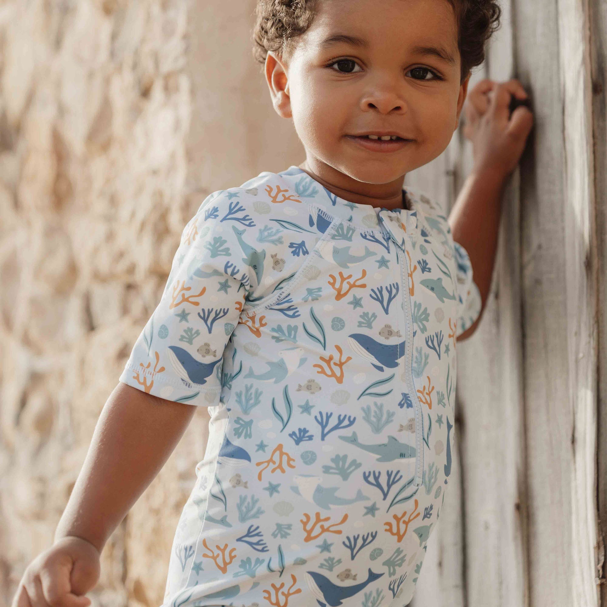 Close Up Of The Little Dutch Short Sleeved Swimsuit In Ocean Dreams Blue