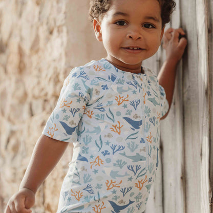 Close Up Of The Little Dutch Short Sleeved Swimsuit In Ocean Dreams Blue