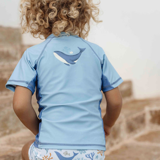 Little Dutch Swim T-shirt With Short Sleeves  With Blue Whale Print On The Back