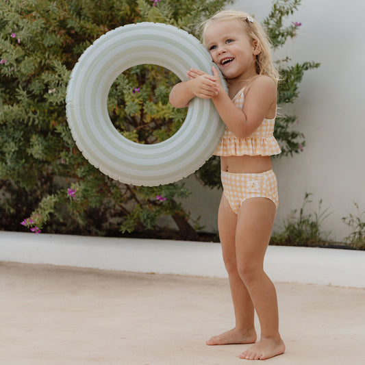 Girl Wearing The Little Dutch Flounce Bikini Back In Sunshine Checks