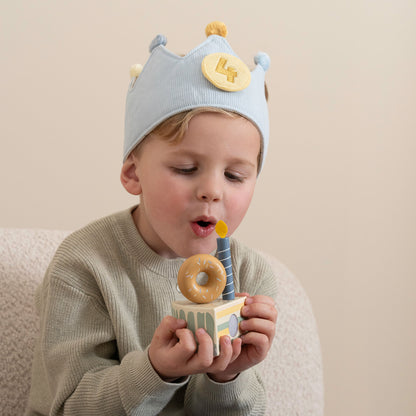 Little Boy Wearing The Little Dutch Birthday Crown - Blue With Blue Slice Of Birthday Cke