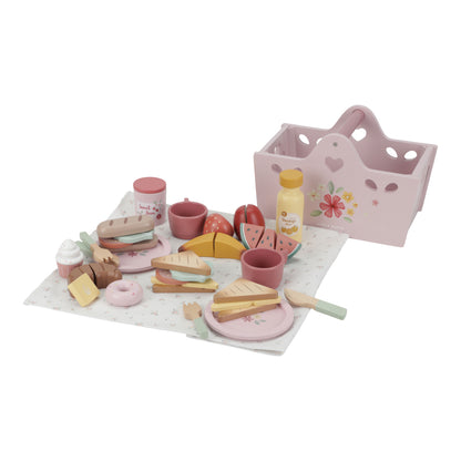 Little Dutch Picnic Set, floral pink wooden basket  - sandwiches, sweet strawberry jam,  orange juice, cupcakes, Doughnut , fruit and cups 