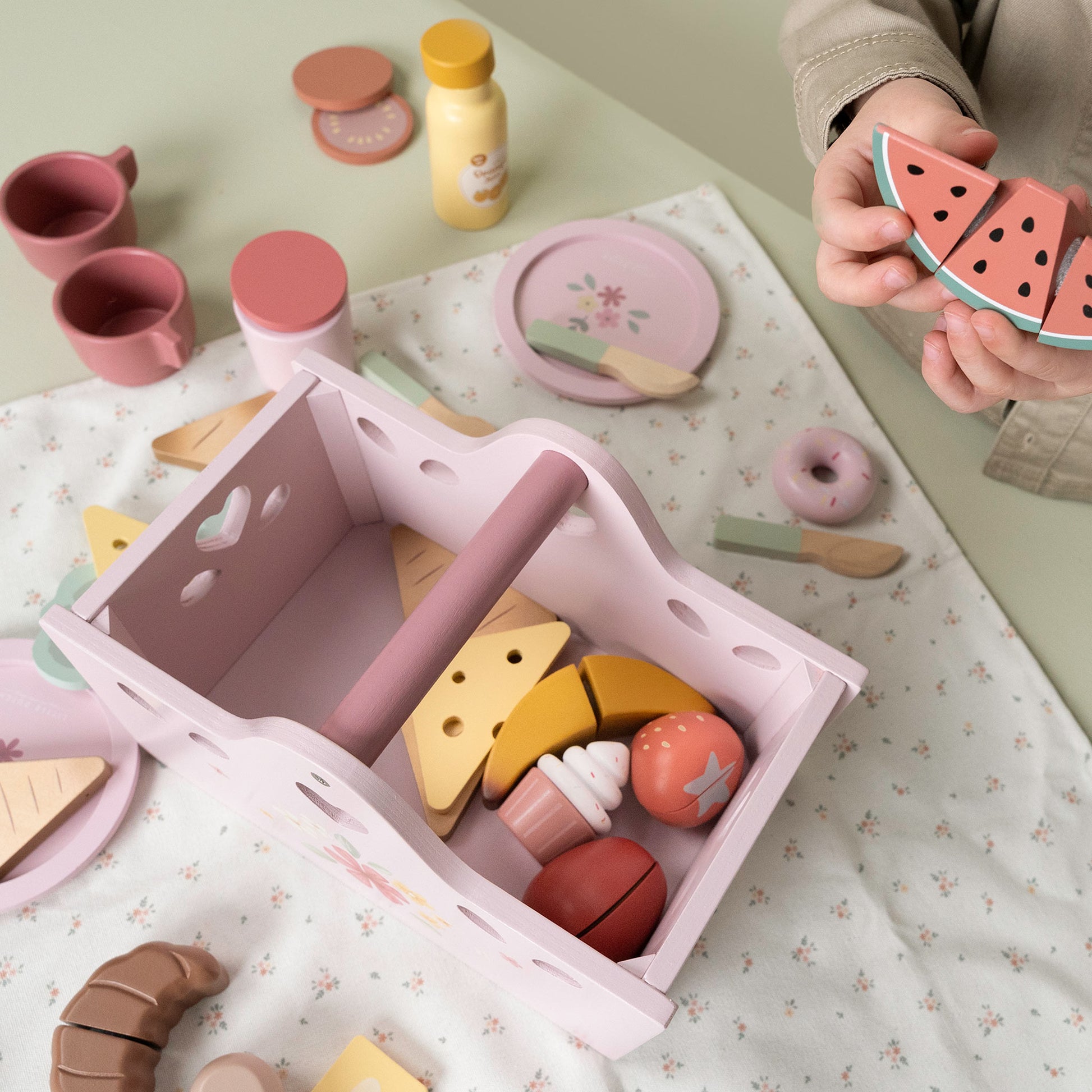 Little Dutch Picnic Set - pink wooden basket with wooden play food, and floral picnic blanket