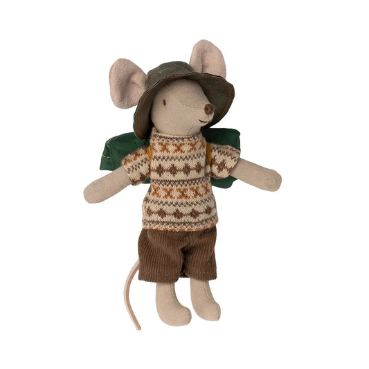 Maileg Big Brother Hiker Mouse - With Sleeping bag and megnets in his hands