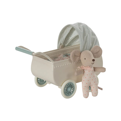 Maileg Pram With Baby Mouse - Mint