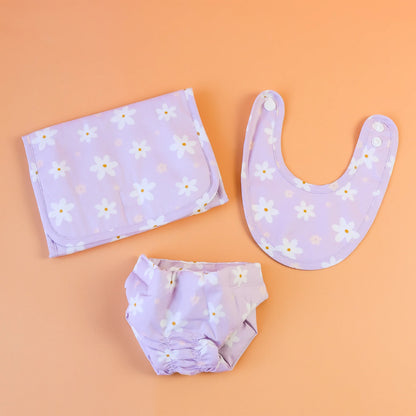 Tiny Harlow Dolls Nappy Bag - Lilac Daisy. Changing mat. Bob and nappy for dolls