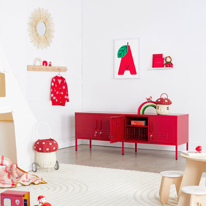 Mustard Made The Standard - Poppy, in kids play room with olli ella mushroom baskets and olli ella dinkum dolls  