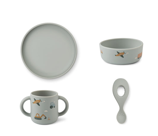 Liewood Vivi Silicone Dinner Set - Vehicles / Dove Blue Mix