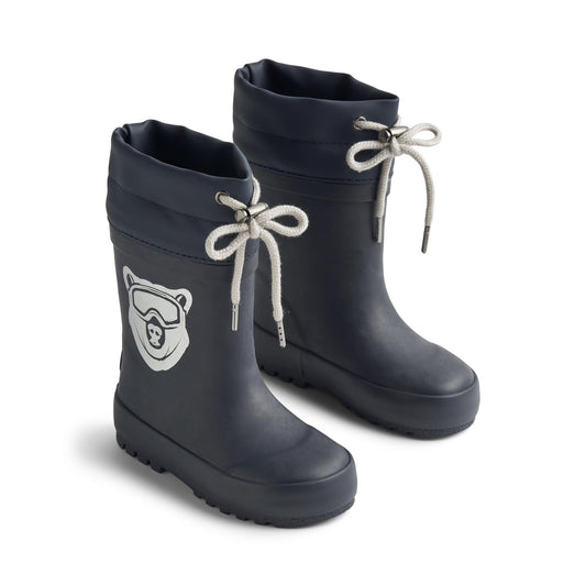 Wheat Warm Lined Cuff Wellies - Navy Bear