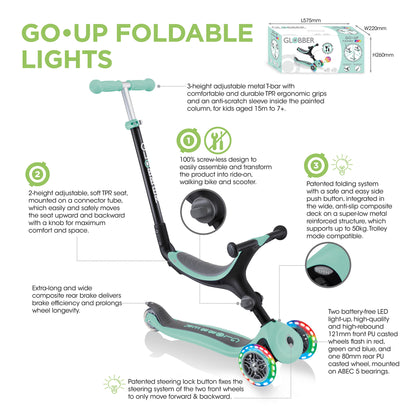 Our GO•UP foldable scooter is the all-in-one 3-wheel foldable light-up kids scooter for children aged 15M-7Y+