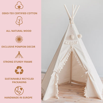 MiniCamp Boho Teepee Play Tent With Tassels - Ecru